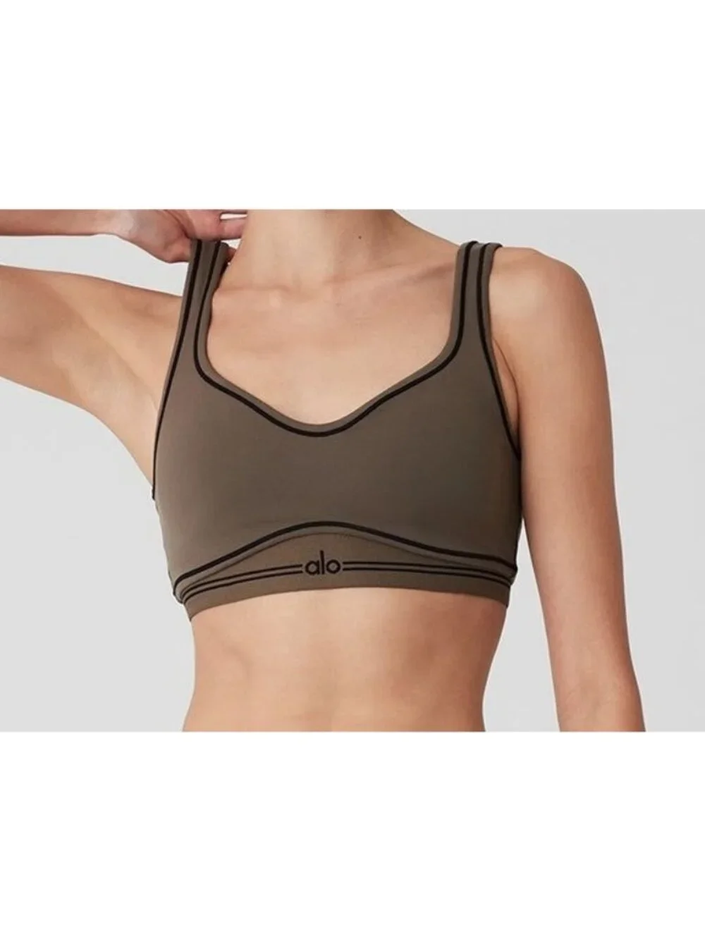 Alo Airbrush Heart Throb Bra Olive Tree Black Stripe Padded Sports Crop Bralette